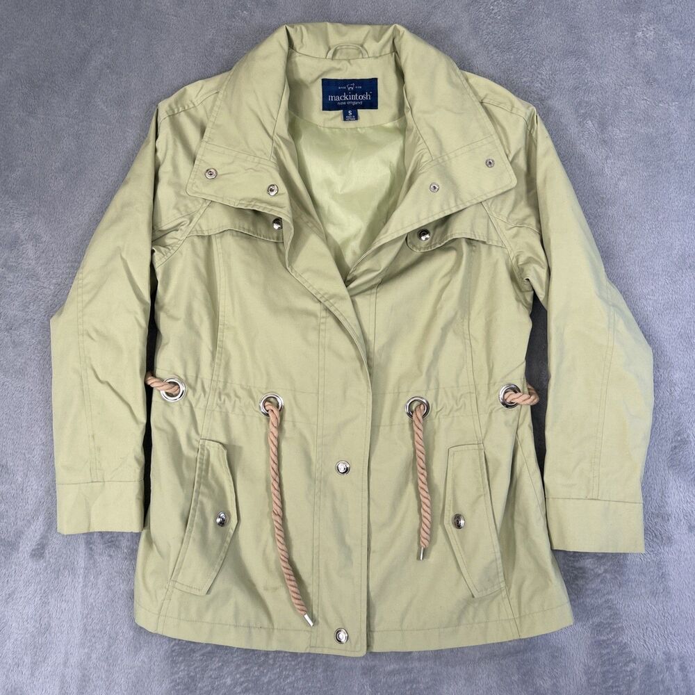 Mackintosh Rain Jacket Womens Small Green Rope Belt Hooded Snap Close Utility